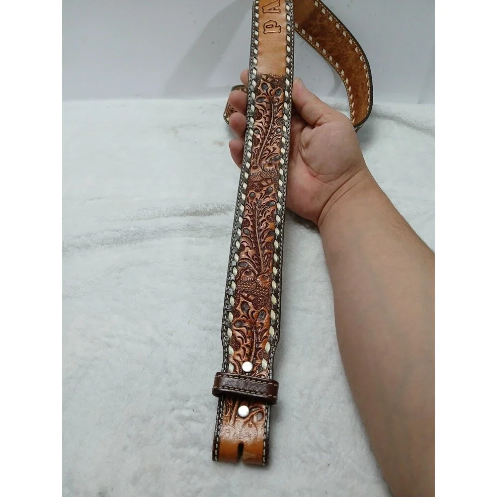 ​Hand-Tooled Leather Belt with Floral Design & White Stitching Custom 